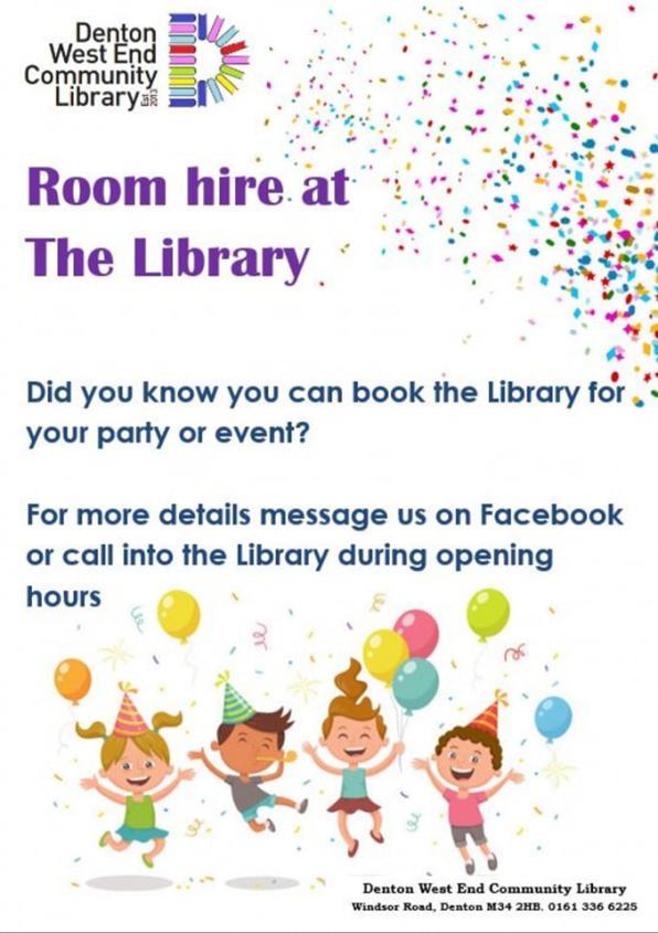 Poster of children with balloons advertising room hire at Denton West End Community Library