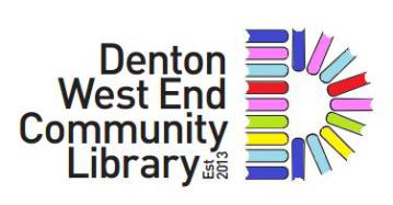 Logo for Denton West End Community Library. Logo is a letter D made of colourful books